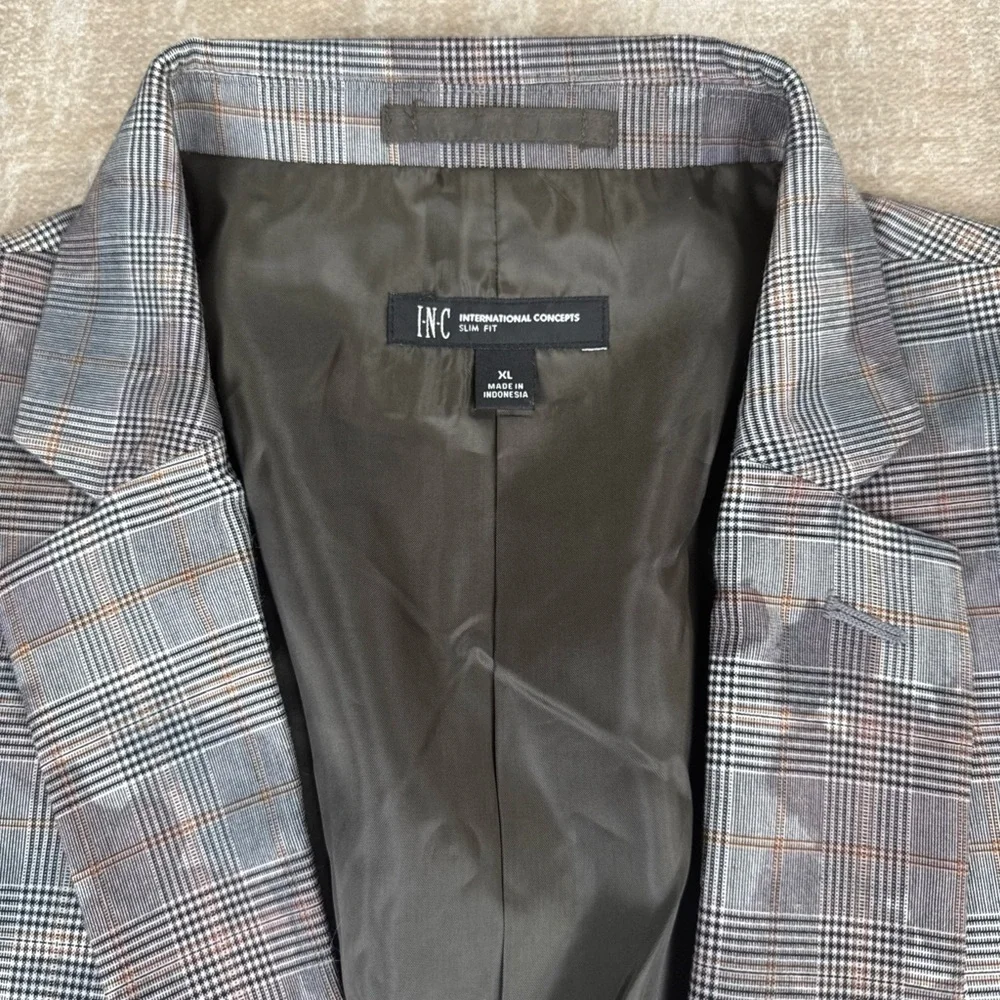 Inc International Concepts 2PC Pant Suit Men’s Large Gray Slim Fit Camo Plaid